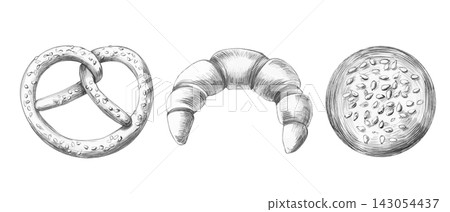Pencil drawing of a pretzel, a crescent roll, and a bun. Isolated illustration for bakeries, restaurants, cafes, food delivery services, catering, culinary magazines, and home textiles. Pencil drawing of a pretzel, a crescent roll, and a bun. Isolated illustration for bakeries, restaurants, cafes, food delivery services, catering, culinary magazines, and home textiles. 143054437