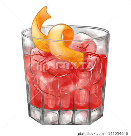 Digital watercolor Negroni cocktail with orange twist isolated on transparent background. Digital watercolor Negroni cocktail with orange twist isolated on transparent background. 143054446