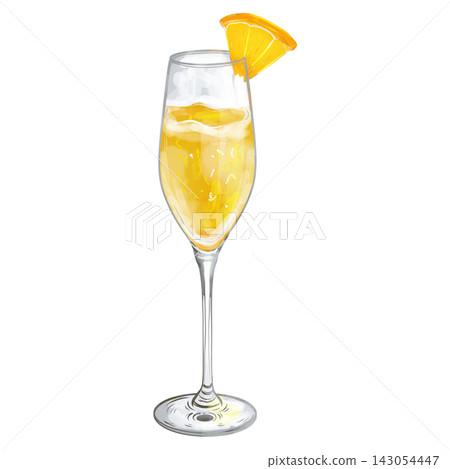 Digital watercolor Mimosa cocktail in flute glass isolated on transparent background. Digital watercolor Mimosa cocktail in flute glass isolated on transparent background. 143054447