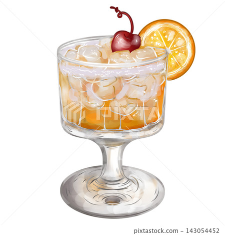 Hand painted digital watercolor Amaretto Sour cocktail isolated on transparent background. Hand painted digital watercolor Amaretto Sour cocktail isolated on transparent background. 143054452