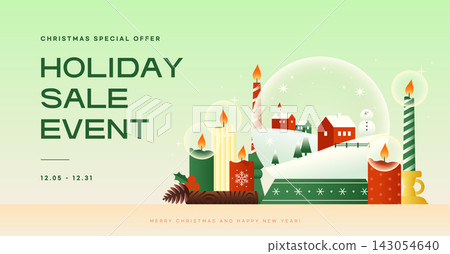 Christmas Holiday Sale Event Banner Template with Snowglobe and Candle Illustration Christmas Holiday Sale Event Banner Template with Snowglobe and Candle Illustration 143054640