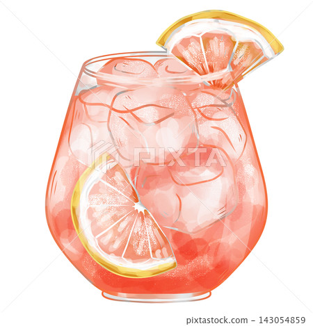 Digital watercolor Paloma cocktail with grapefruit slice isolated on transparent background Digital watercolor Paloma cocktail with grapefruit slice isolated on transparent background 143054859