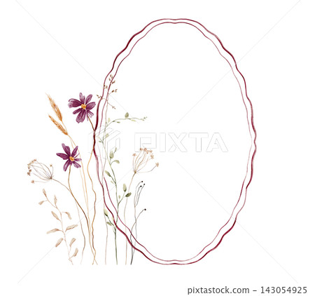 Oval frame with burgundy wavy border adorned by deep purple cosmos flowers golden wheat stalks and delicate dried seed heads on white background. Hand-painted watercolor illustration with empty center Oval frame with burgundy wavy border adorned by deep purple cosmos flowers golden wheat stalks and delicate dried seed heads on white background. Hand-painted watercolor illustration with empty center 143054925