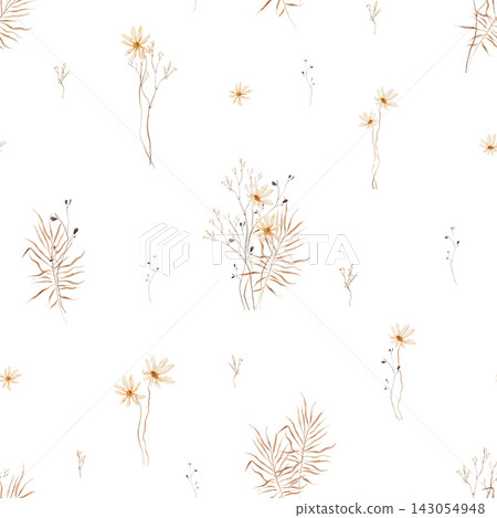 Hand painted watercolor seamless pattern with sparse rust terracotta wildflowers, small daisy like blooms, tiny bud sprigs and feathery grass on white background. Boho floral print for autumn design Hand painted watercolor seamless pattern with sparse rust terracotta wildflowers, small daisy like blooms, tiny bud sprigs and feathery grass on white background. Boho floral print for autumn design 143054948