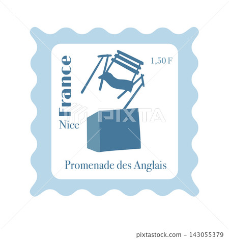 France stamp vector postmark retro design Nice travel icon Promenade des Anglais. Blue beach chair monument vintage aesthetic. Tourism marketing banner cruise poster wanderlust blog. France stamp vector postmark retro design Nice travel icon Promenade des Anglais. Blue beach chair monument vintage aesthetic. Tourism marketing banner cruise poster wanderlust blog. 143055379