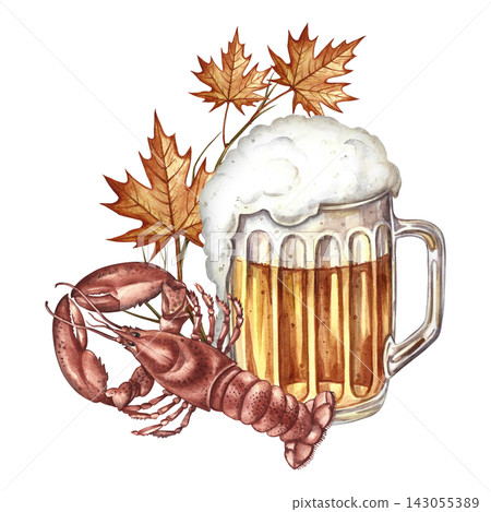 A mug of beer, a lobster snack. Hand drawn watercolor illustration. Decorated with autumn leaves. For Oktoberfest, flyers, posters, invitations. For pub menus and much more. A mug of beer, a lobster snack. Hand drawn watercolor illustration. Decorated with autumn leaves. For Oktoberfest, flyers, posters, invitations. For pub menus and much more. 143055389