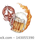 A mug of beer, a lobster snack, a splash of beer. Hand drawn watercolor illustration. A design element for Oktoberfest, flyers, posters, invitations. For pub menus and much more. 143055390
