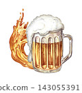 A glass mug with beer and a splash of beer. A hand drawn watercolor illustration. A design element for flyers, posters, party invitations. For a pub or restaurant menu, labels, and much more. 143055391