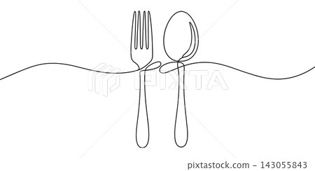 Continuous single line drawing of a fork and spoon isolated on a white background 143055843