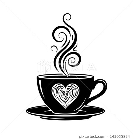 Black and white coffee cup icon with a heart design and swirling steam on a saucer Black and white coffee cup icon with a heart design and swirling steam on a saucer 143055854