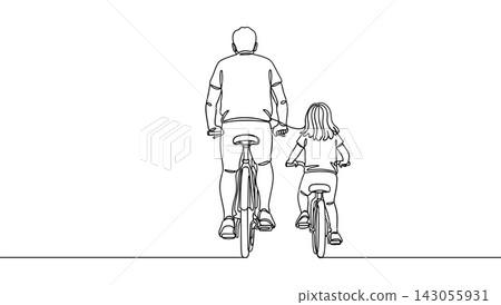 Father and daughter riding bicycles together in a continuous line art illustration 143055931
