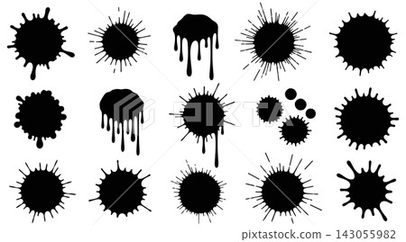 Collection of black ink splatters and paint drips isolated on a white background Collection of black ink splatters and paint drips isolated on a white background 143055982