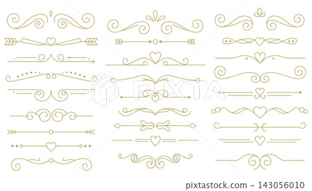 Collection of decorative gold line dividers with hearts and flourishes on white Collection of decorative gold line dividers with hearts and flourishes on white 143056010