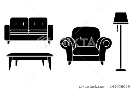 Set of black silhouette icons representing living room furniture on white background 143056099
