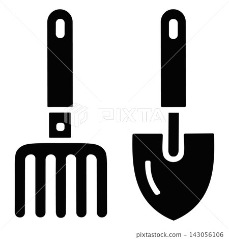 Black silhouette icons of a garden fork and shovel isolated on a white background Black silhouette icons of a garden fork and shovel isolated on a white background 143056106