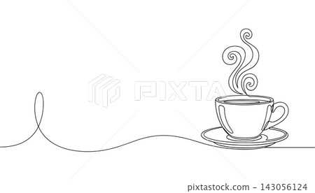 Continuous one line drawing of a coffee cup with steam on a white background Continuous one line drawing of a coffee cup with steam on a white background 143056124