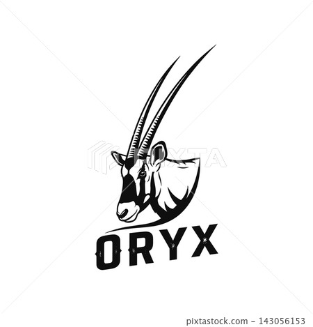 Black and white graphic illustration of an oryx head with long horns and text Black and white graphic illustration of an oryx head with long horns and text 143056153
