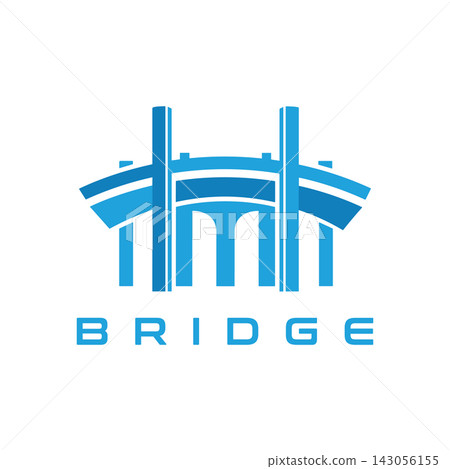 Blue bridge icon logo design with minimalist architectural structure on white background Blue bridge icon logo design with minimalist architectural structure on white background 143056155