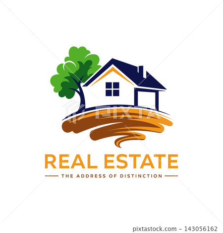 Real estate logo design featuring a house and tree icon on a white background 143056162