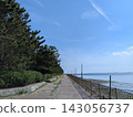 A coastline with windbreaks and tidal flats, under a beautiful blue sky on a clear summer day. 143056737
