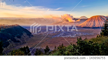 Beautiful morning view of Mount Bromo and Mount Semeru. Beautiful morning view of Mount Bromo and Mount Semeru. 143056755