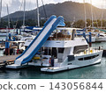 Wide marina crowded with moored sailboats and catamarans beneath partly cloudy blue sky 143056844