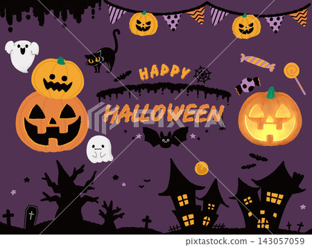 Cute Halloween illustration set with background Cute Halloween illustration set with background 143057059