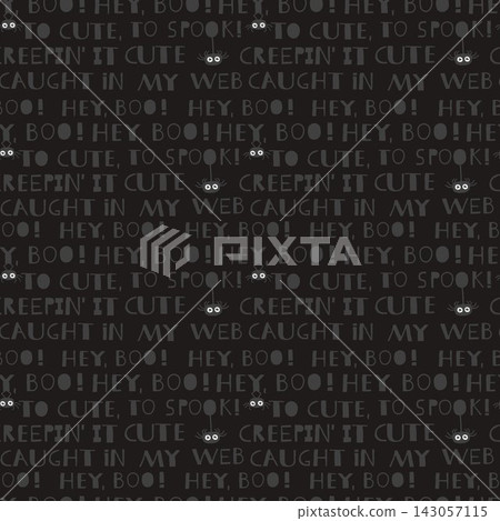Halloween spider phrase seamless pattern on dark background in flat vector style 143057115