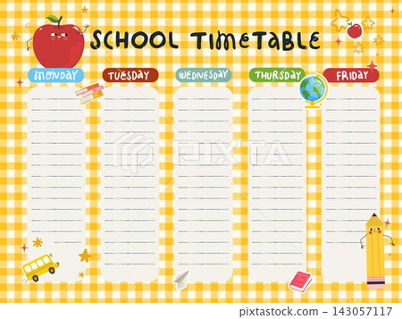 School timetable weekly planner with apple pencil bus globe and yellow gingham background School timetable weekly planner with apple pencil bus globe and yellow gingham background 143057117