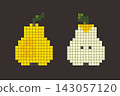 Pixel pear set with whole yellow fruit and half slice on dark brown background in retro vector style 143057120