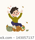 Cute boy sitting on pumpkins with fall leaves in hand drawn vector style 143057137