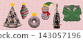 Christmas Food and Festive Decoration Set with Gingerbread, Christmas Tree, Snowman, Bottle and Gift Bow in Halftone Pop Art Style on Pink Background 143057196