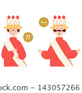 A young person wearing a cake-shaped hat and candle-designed sunglasses looks surprised. 143057266