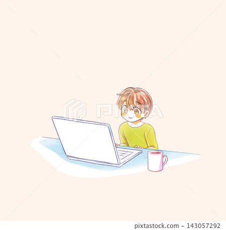 孩子看著筆記型電腦,咖啡 孩子看著筆記型電腦,咖啡 143057292