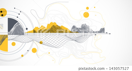 Abstract minimal composition with wireframe mountains and geometric shapes Abstract minimal composition with wireframe mountains and geometric shapes 143057527