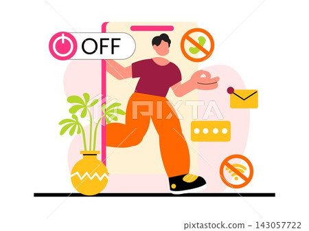 Digital Detox Vector Illustration Featuring People Disconnecting from Smartphones, Blocking Notifications, and Practicing Mindfulness Digital Detox Vector Illustration Featuring People Disconnecting from Smartphones, Blocking Notifications, and Practicing Mindfulness 143057722