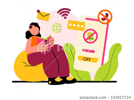 Digital Detox Vector Illustration Featuring People Disconnecting from Smartphones, Blocking Notifications, and Practicing Mindfulness Digital Detox Vector Illustration Featuring People Disconnecting from Smartphones, Blocking Notifications, and Practicing Mindfulness 143057724