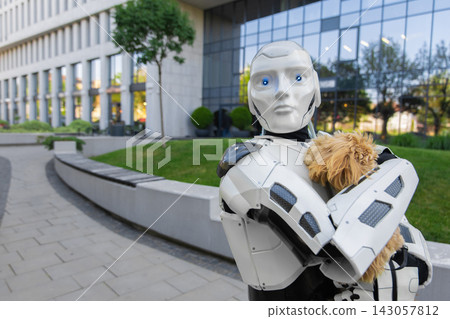 Intelligent humanoid cyborg gazing away while carrying small pet dog Intelligent humanoid cyborg gazing away while carrying small pet dog 143057812