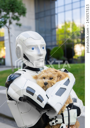 Modern bipedal android gently holding fluffy brown pet dog 143057815