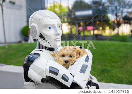 Futuristic white robotic cyborg safely carrying adorable small dog 143057816