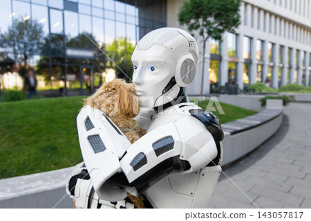 Advanced artificial humanoid affectionately holding cute poodle puppy 143057817