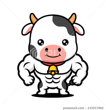 Cute Black and White Cow Cartoon Character With Muscular Body Cute Black and White Cow Cartoon Character With Muscular Body 143057860