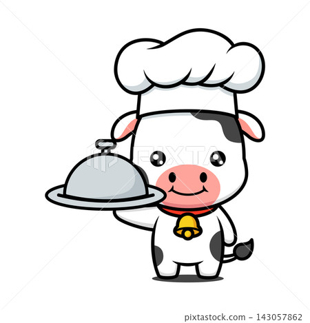 Cute Black and White Cow Chef Cartoon Character With Serving Plate 143057862