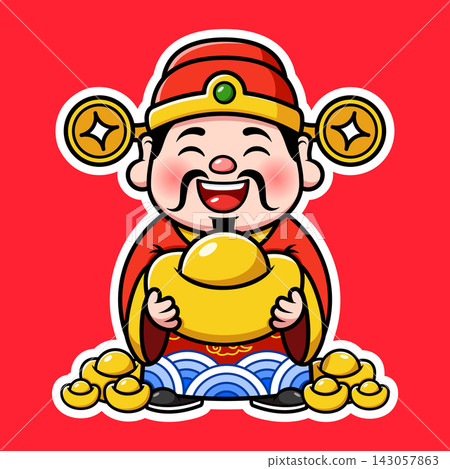 Cute Chinese Fortune God Cartoon Character Holding A Big Gold Money Cute Chinese Fortune God Cartoon Character Holding A Big Gold Money 143057863