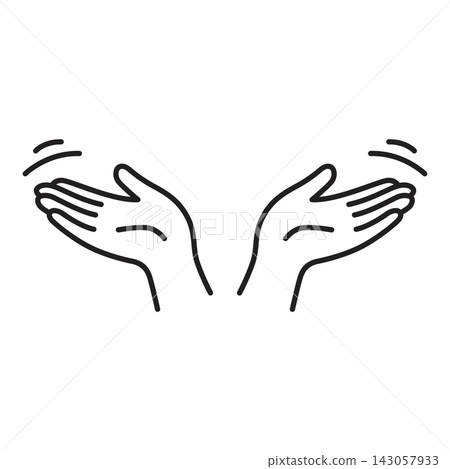 Minimalist black outline icon of two hands turning palms up representing confusion or uncertainty. Minimalist black outline icon of two hands turning palms up representing confusion or uncertainty. 143057933