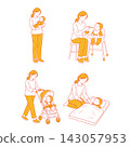A set of four scenes depicting mothers raising babies and childcare. 143057953