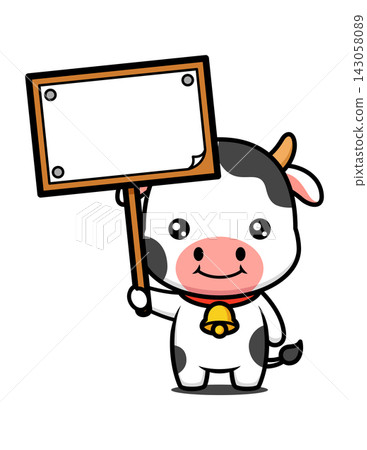 Cute Black and White Cow Cartoon Character Holding A Announcement Board Cute Black and White Cow Cartoon Character Holding A Announcement Board 143058089