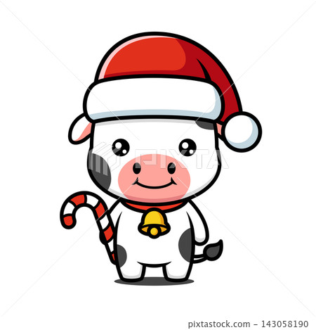 Cute Black and White Cow Cartoon Character Wearing Christmas Hat and Holding Candy Cane Cute Black and White Cow Cartoon Character Wearing Christmas Hat and Holding Candy Cane 143058190