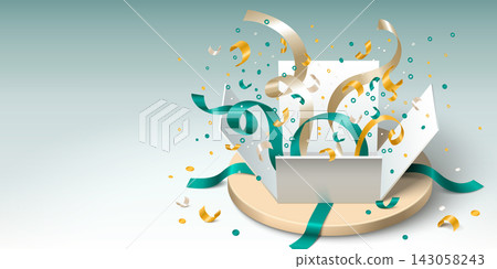 Open gift box bursting with ribbons and confetti Open gift box bursting with ribbons and confetti 143058243