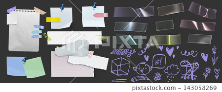 Realistic paper notes, adhesive tape, and doodles Realistic paper notes, adhesive tape, and doodles 143058269